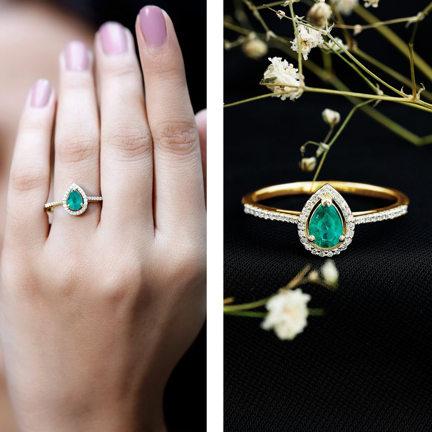 Certified Emerald Teardrop Engagement Ring with Diamond Halo