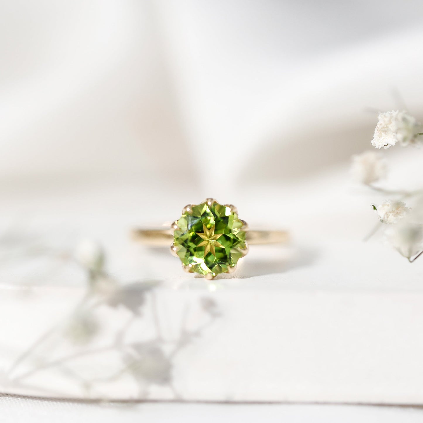 Genuine 2 Carat Peridot Engagement Ring in Lotus Basket Setting