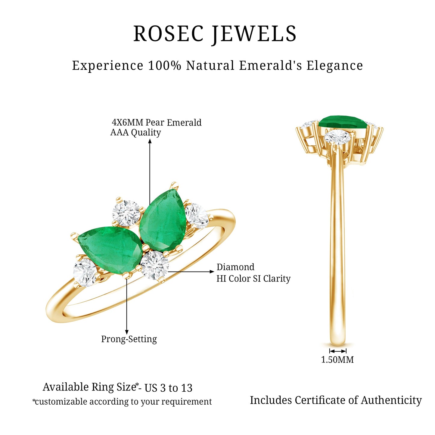 Natural Pear Shape Emerald Toi Et Moi Engagement Ring with Diamond