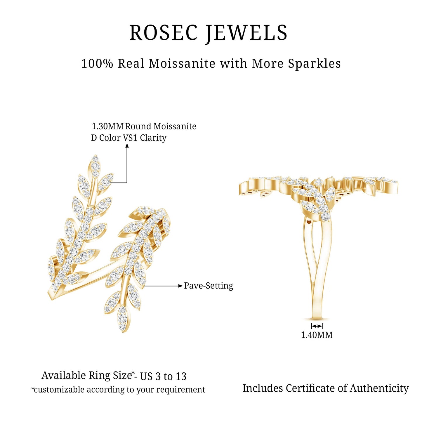 Certified Moissanite Leaf Wrap Ring for Women