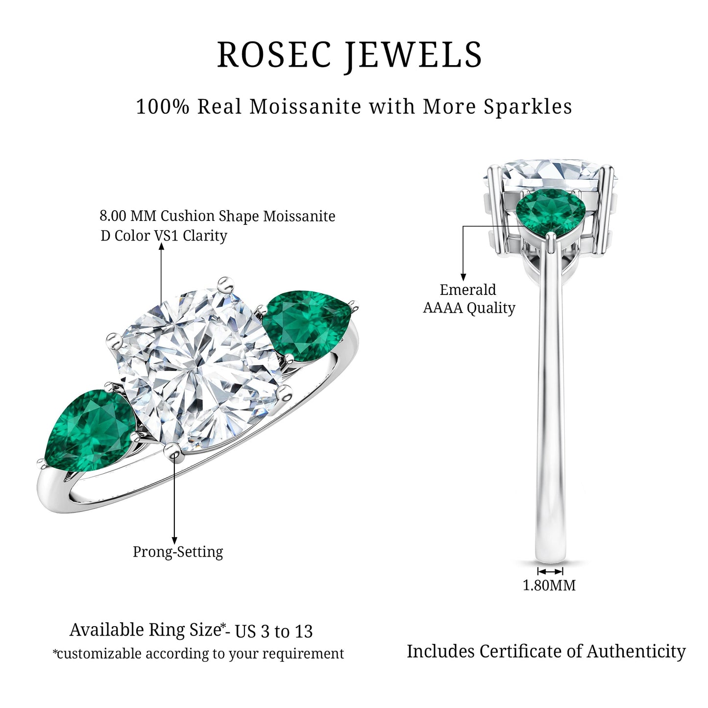 3 CT Moissanite Three Stone Engagement Ring With Emerald