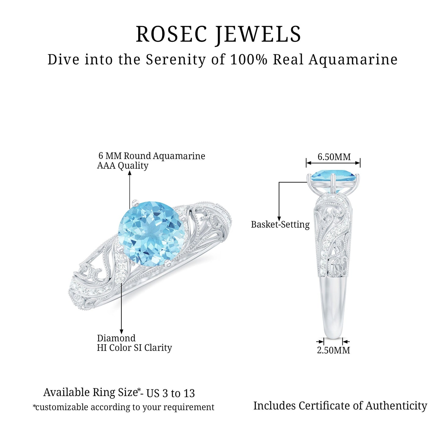 0.8 Carat Vintage Style Aquamarine and Diamond Engagement Ring