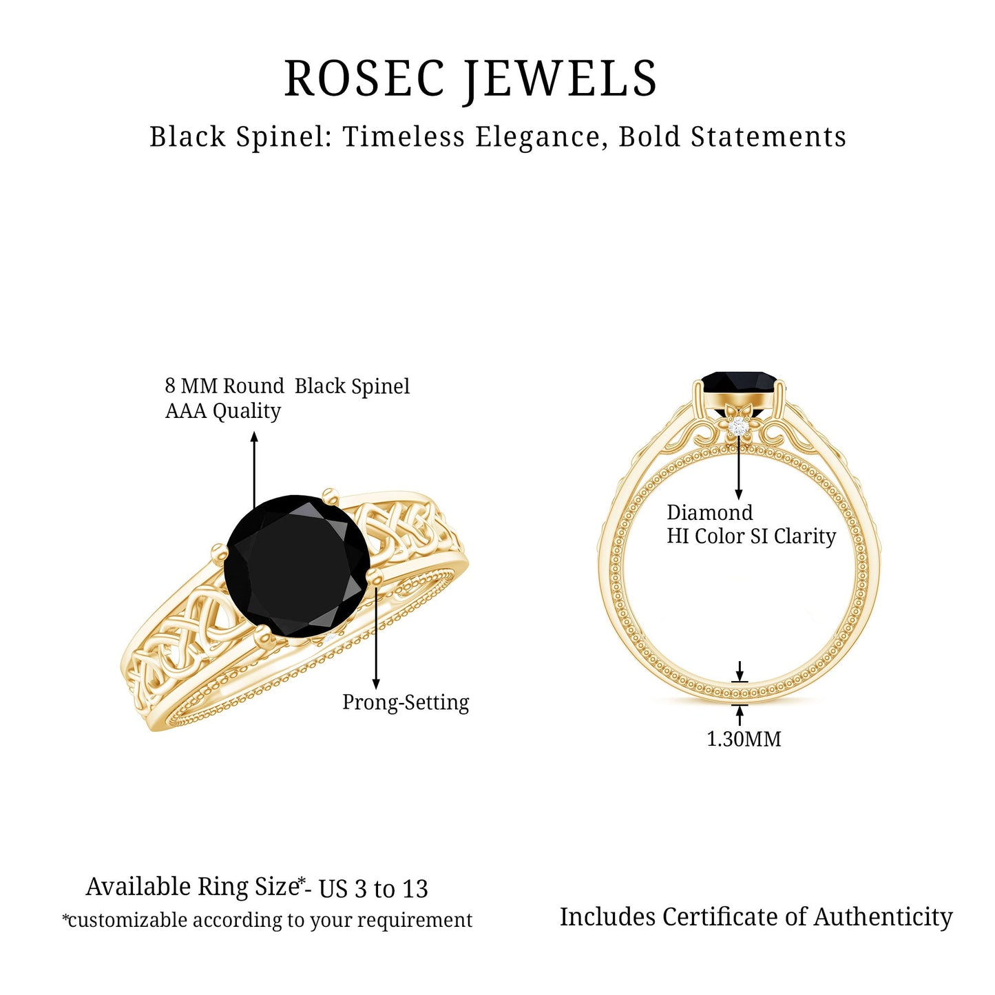Vintage Style Black Spinel Diamond Engagement Ring with Celtic Knot