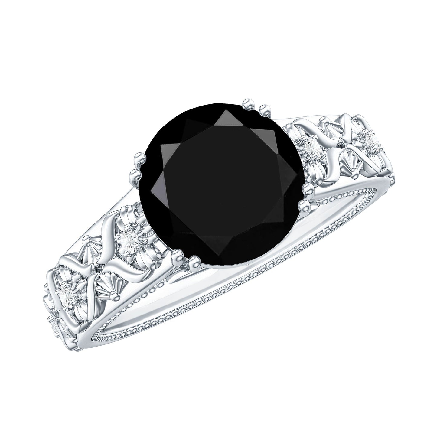 Nature Inspired Black Spinel Solitaire Engagement Ring with Diamond