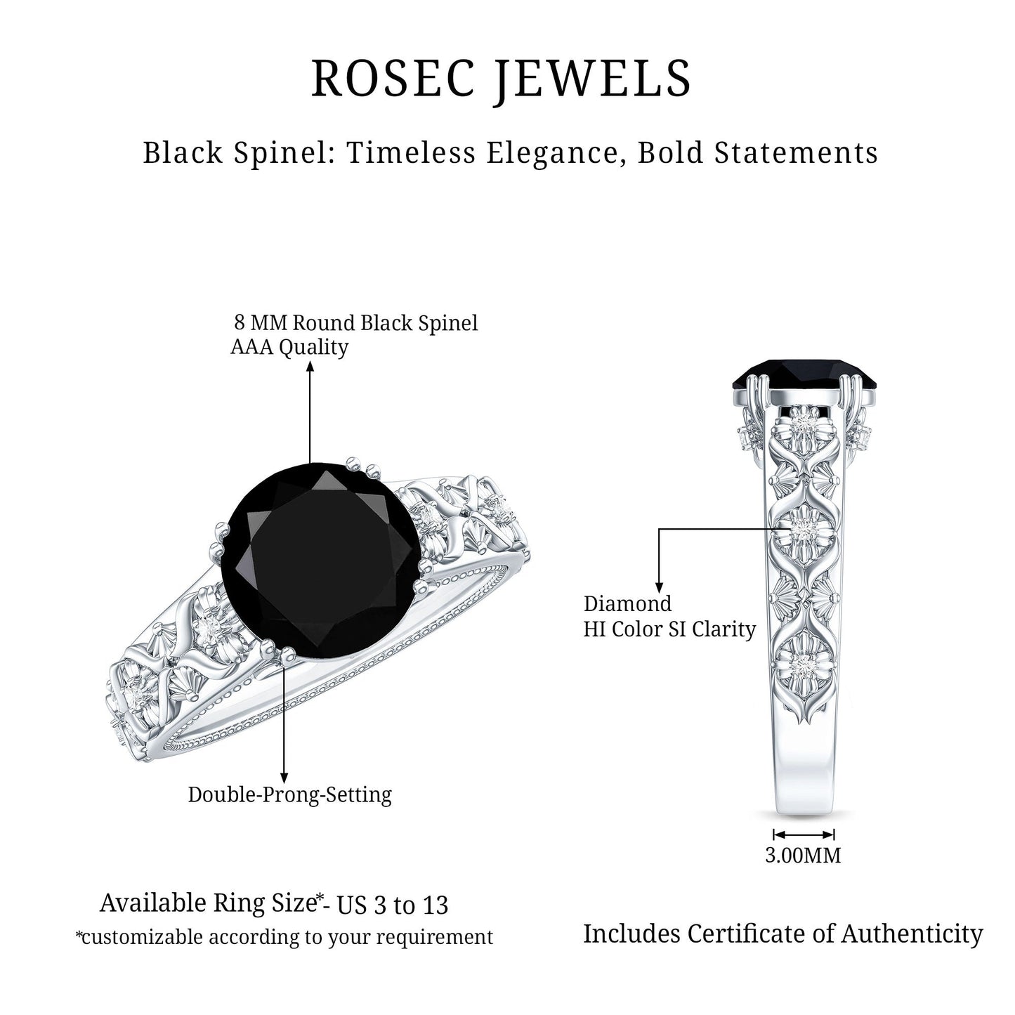 Nature Inspired Black Spinel Solitaire Engagement Ring with Diamond