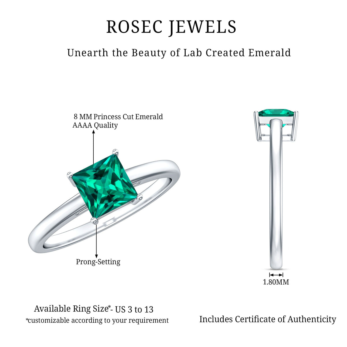 Certified Lab Grown Emerald Princess Cut Engagement Ring