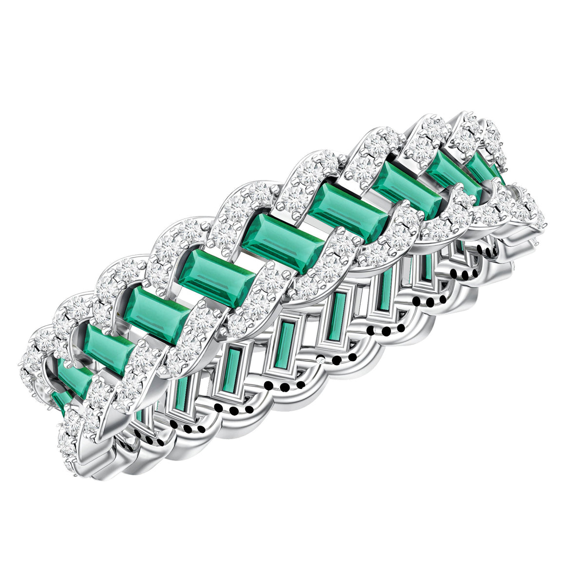 Certified Baguette Lab Grown Emerald Braided Wedding Band with Moissanite