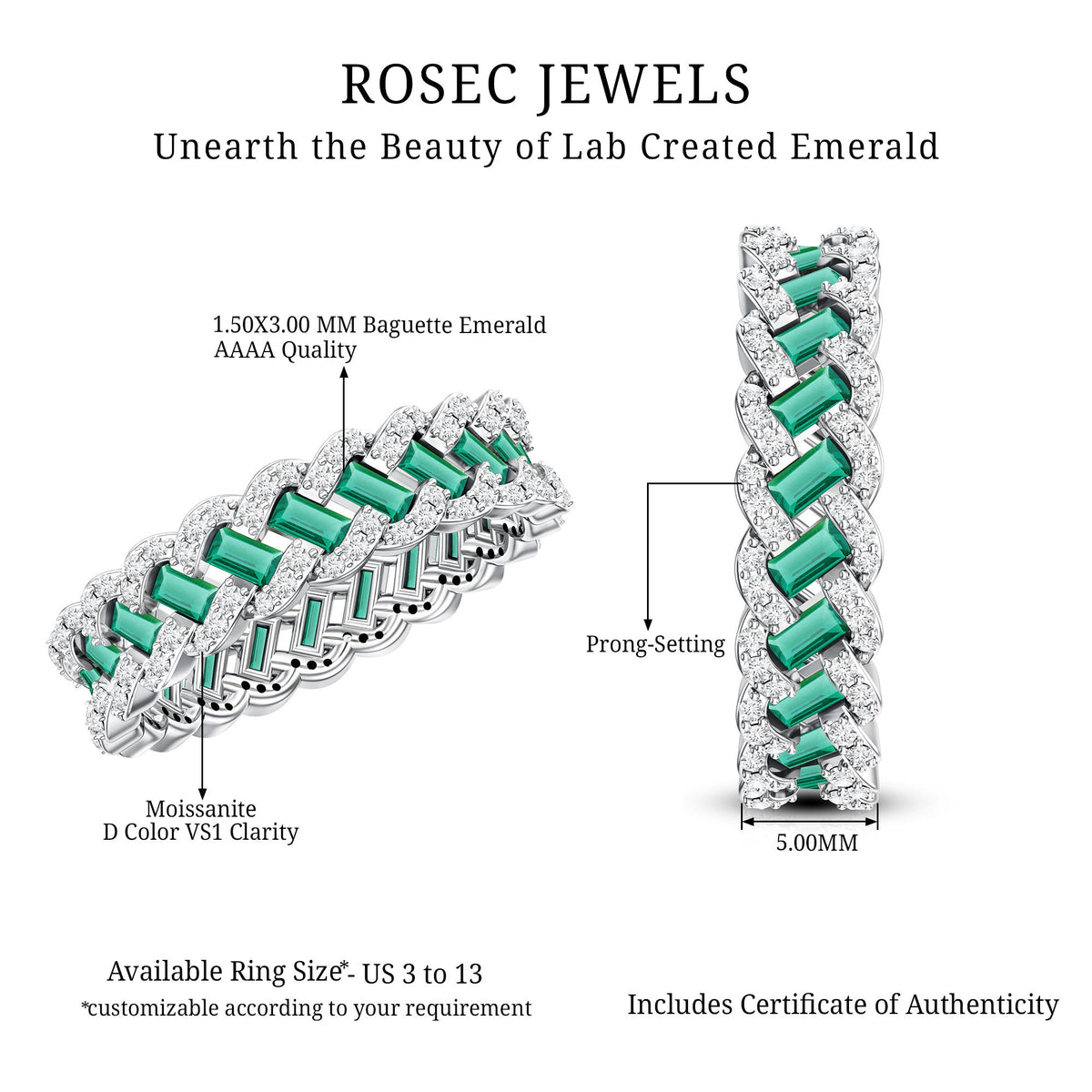 Certified Baguette Lab Grown Emerald Braided Wedding Band with Moissanite