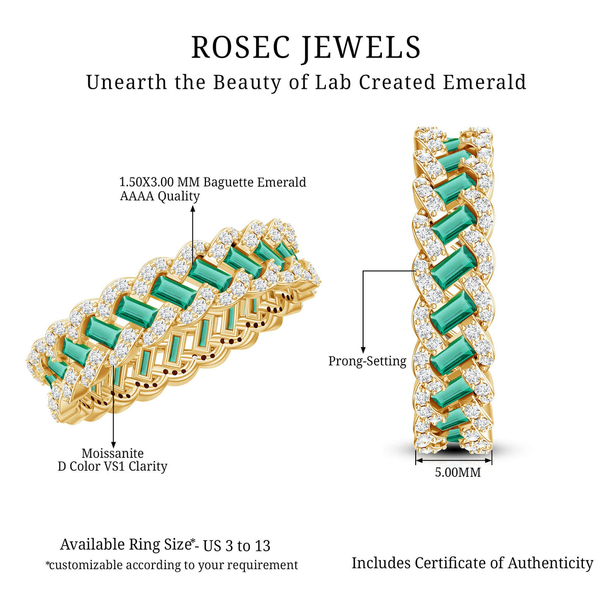 Certified Baguette Lab Grown Emerald Braided Wedding Band with Moissanite