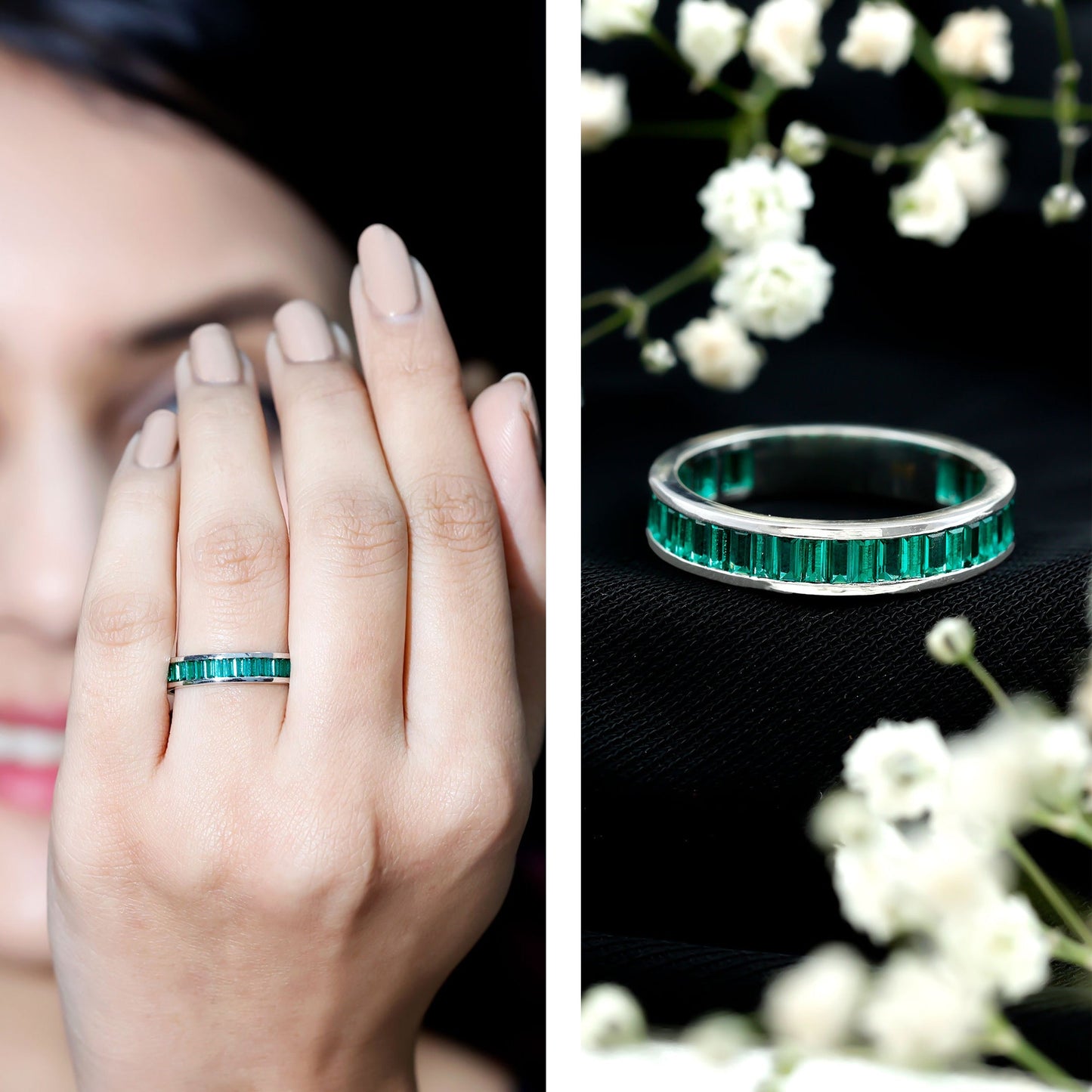 Channel Set Baguette Cut Created Emerald Eternity Band Ring