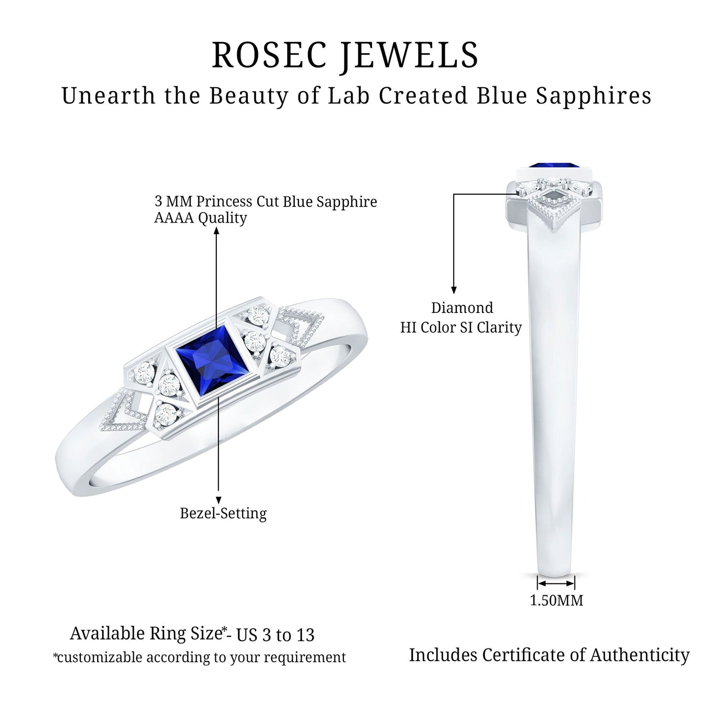 Art Deco Inspired Princess Cut Lab Grown Blue Sapphire Ring with Diamond