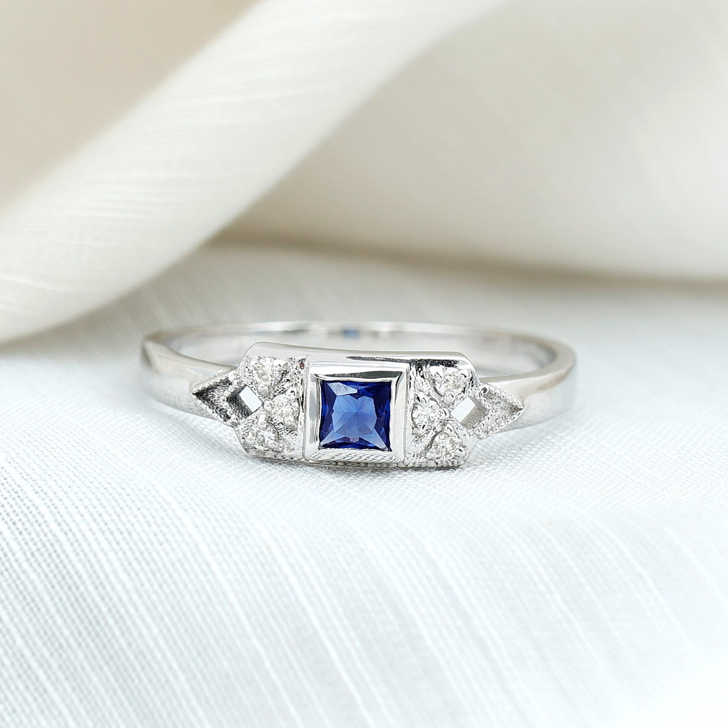 Art Deco Inspired Princess Cut Lab Grown Blue Sapphire Ring with Diamond