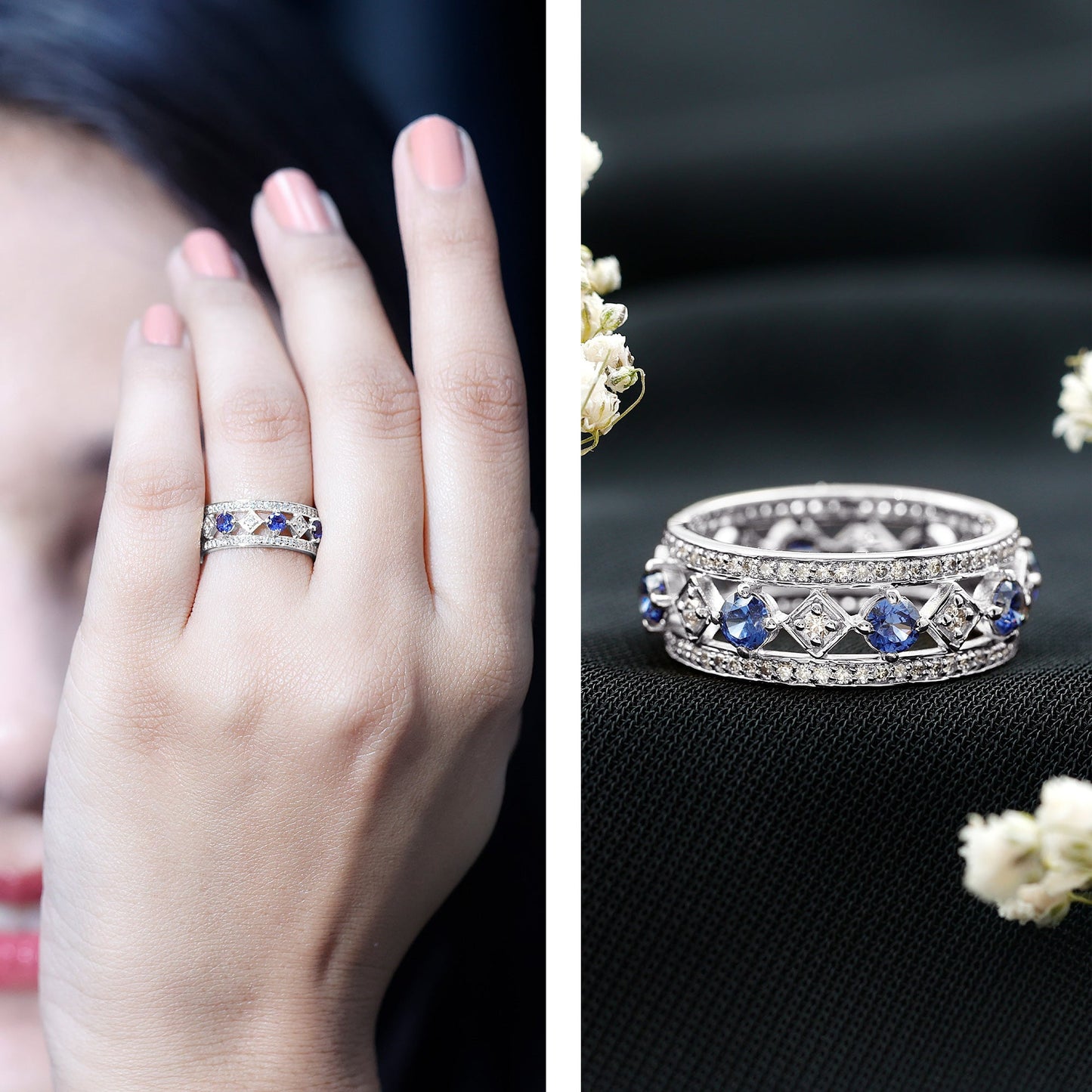 Lab Created Blue Sapphire and Diamond Full Eternity Band Ring