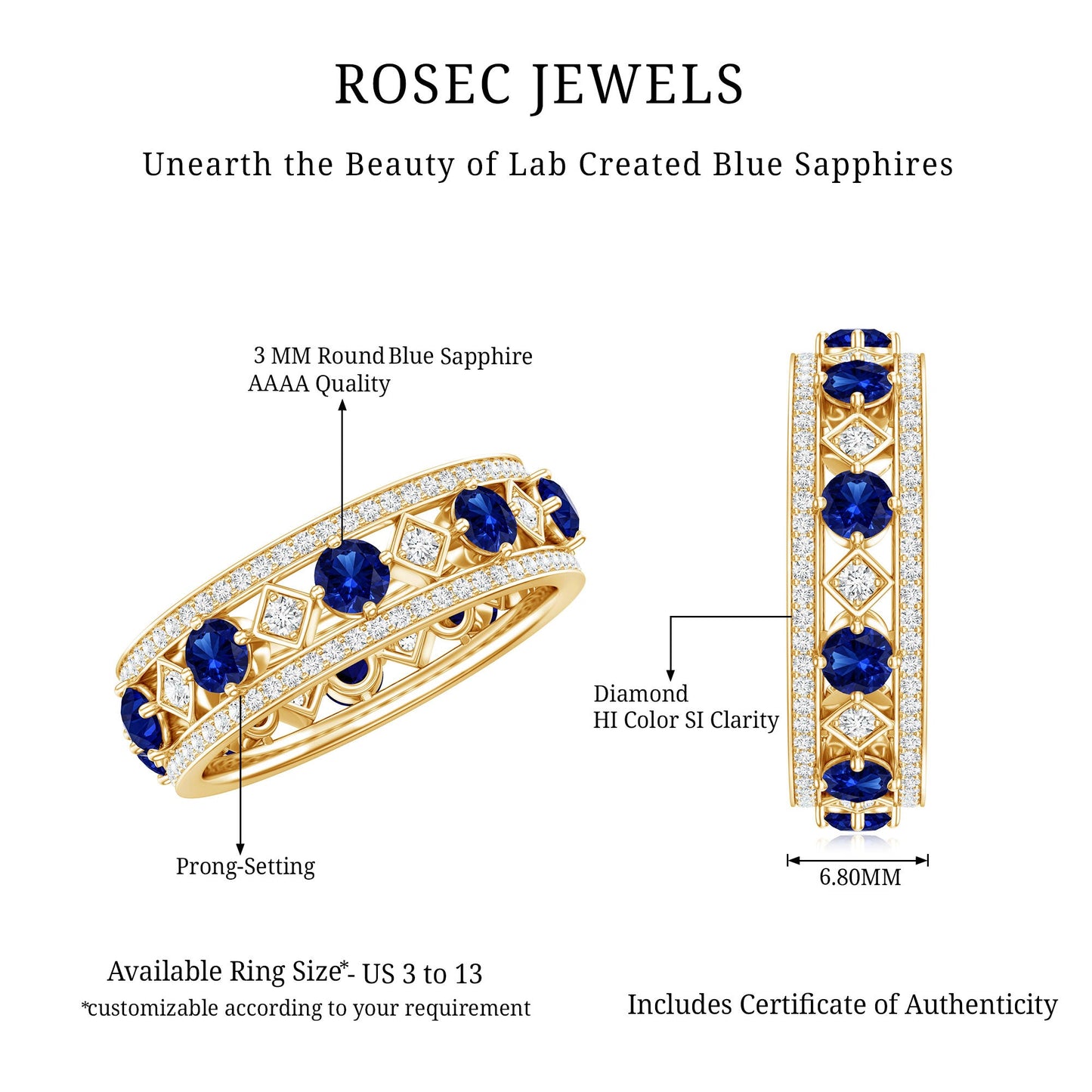 Lab Created Blue Sapphire and Diamond Full Eternity Band Ring