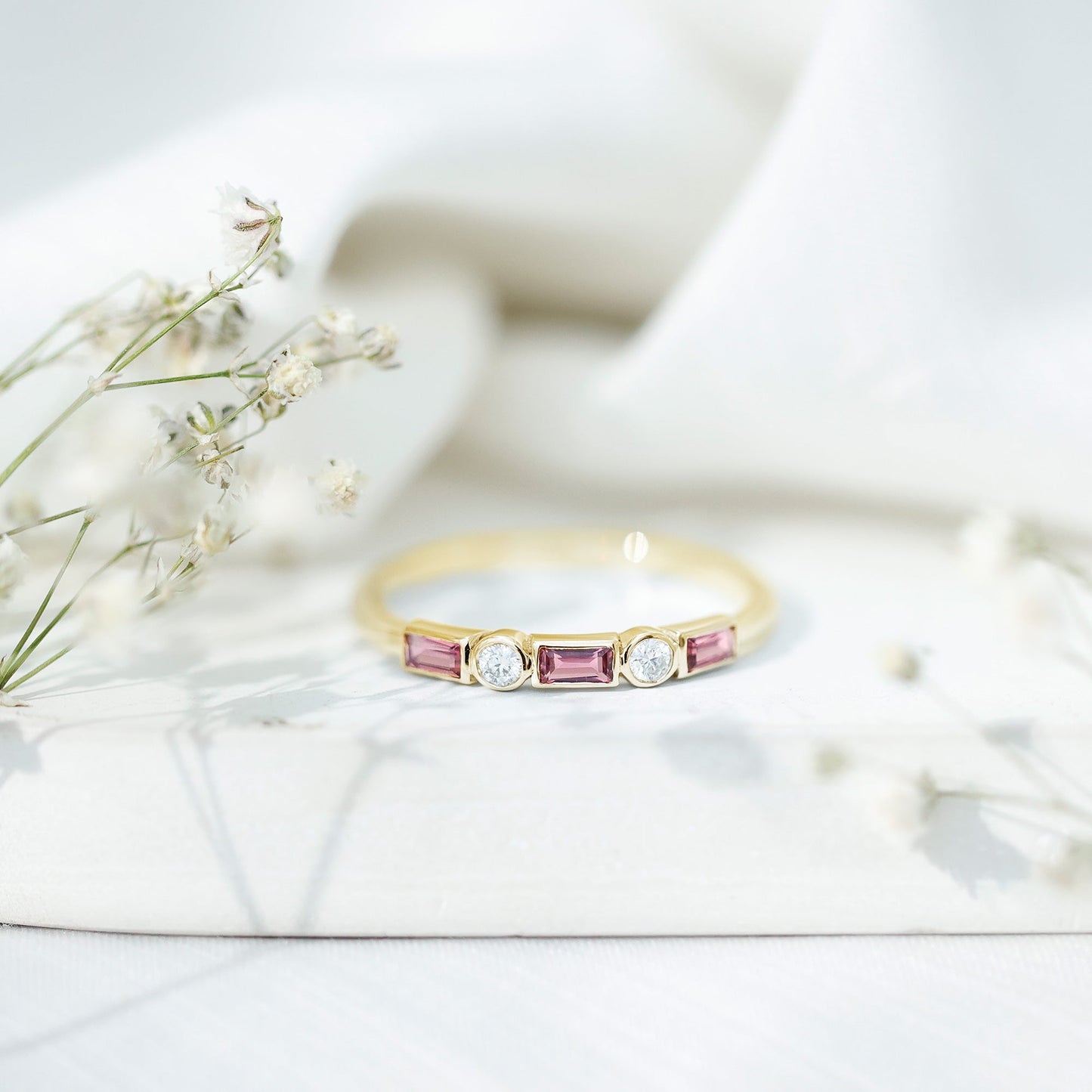 Pink Tourmaline and Diamond Stackable Ring in Bezel Setting