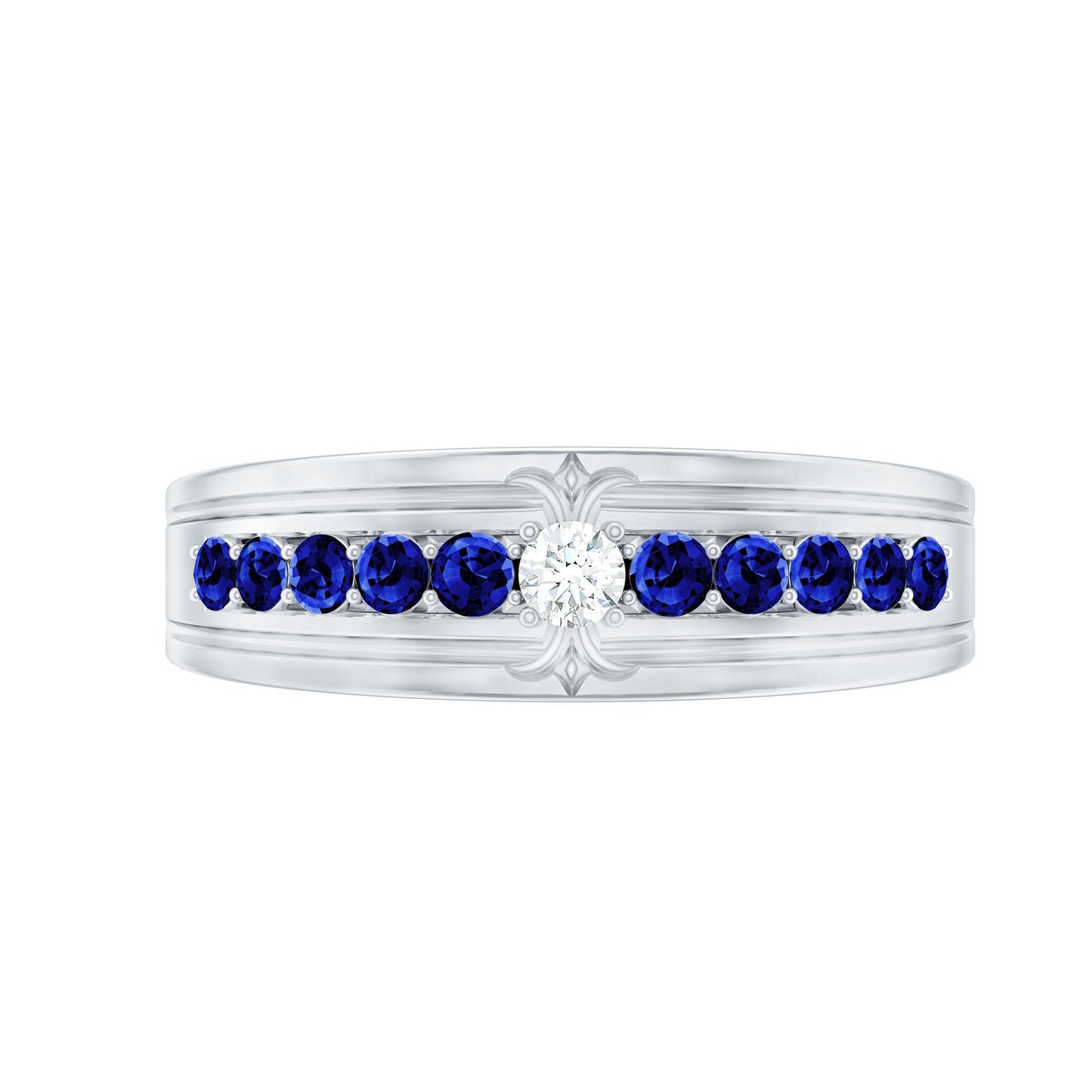 Certified Moissanite and Lab Created Blue Sapphire Anniversary Band
