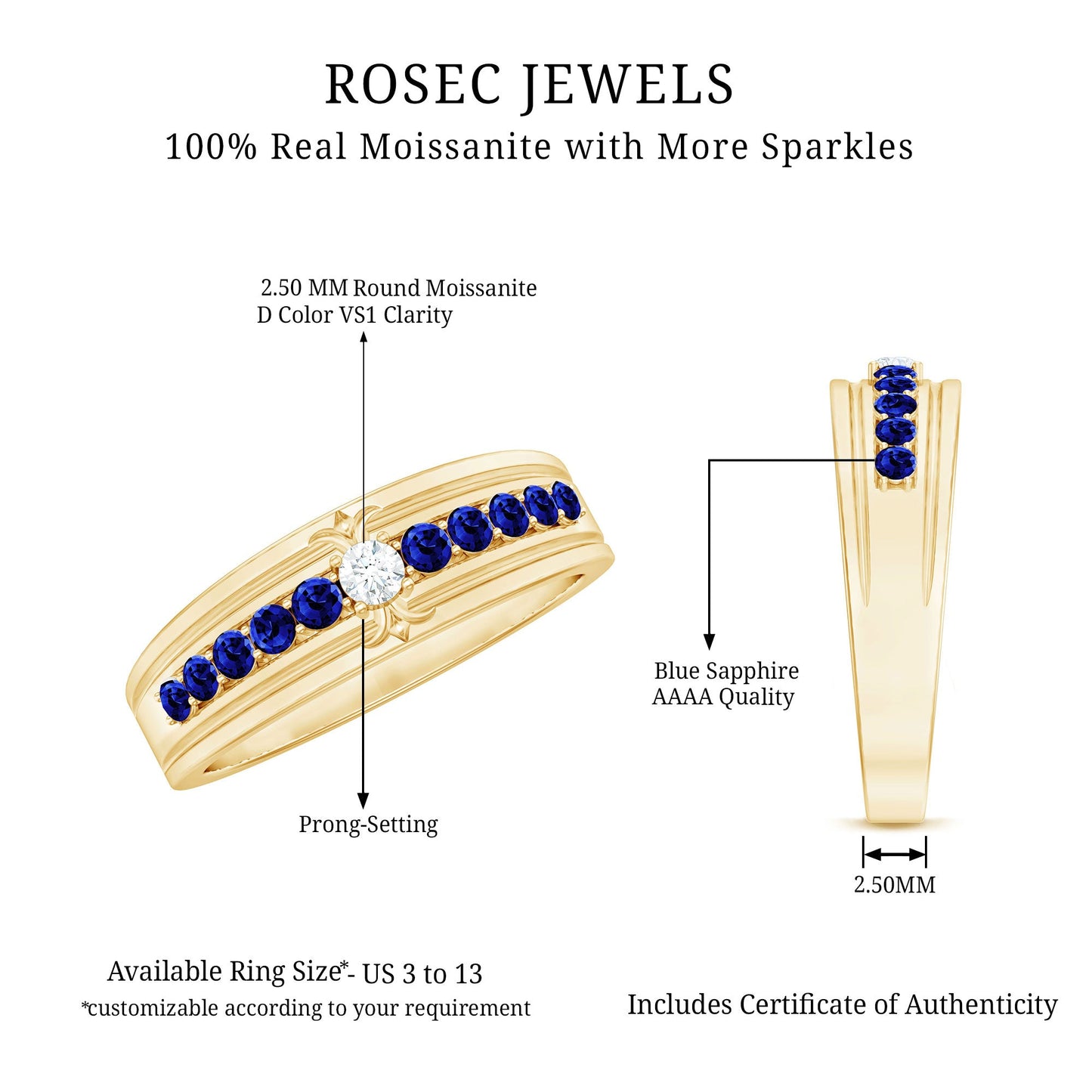 Certified Moissanite and Lab Created Blue Sapphire Anniversary Band