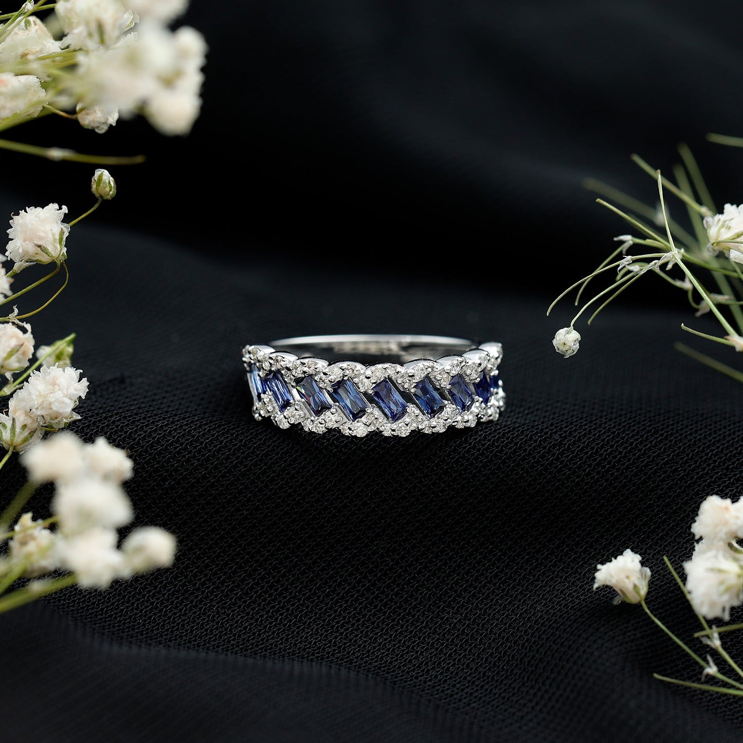 Certified Baguette Lab Grown Blue Sapphire Half Eternity Band with Diamond