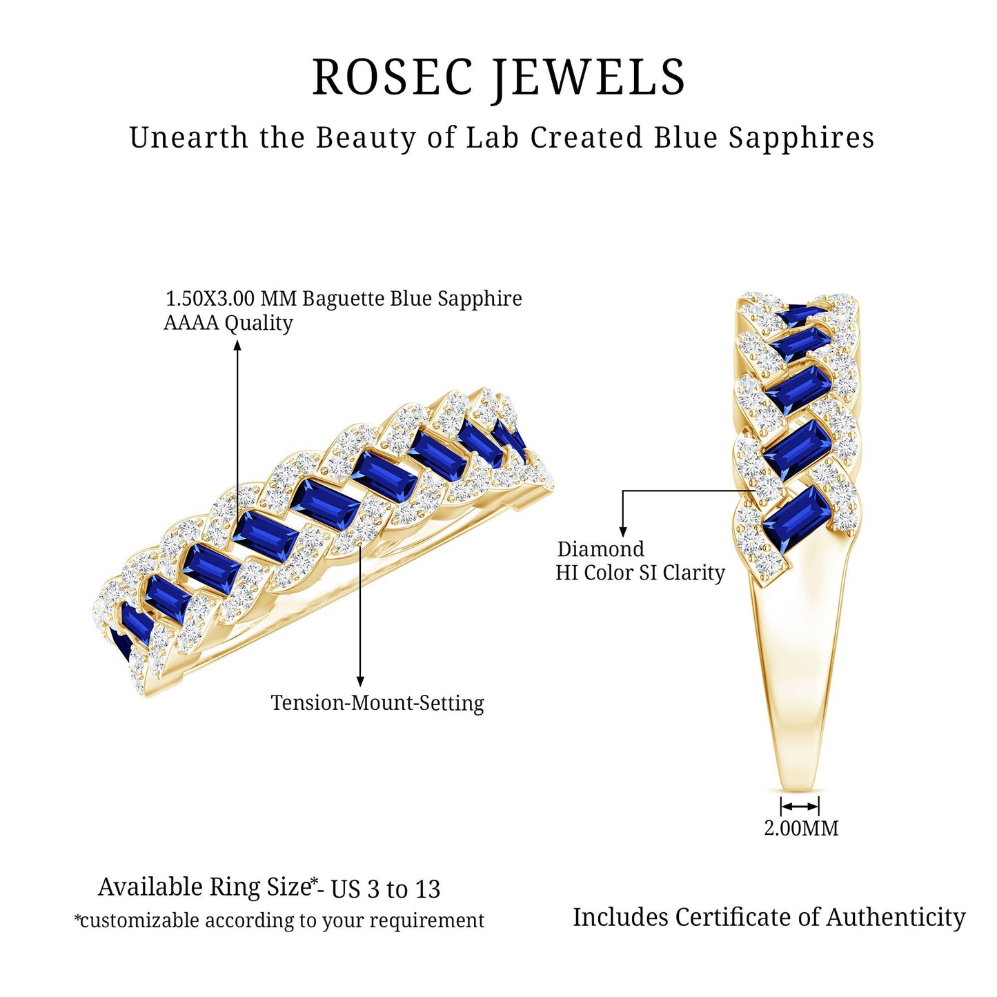 Certified Baguette Lab Grown Blue Sapphire Half Eternity Band with Diamond