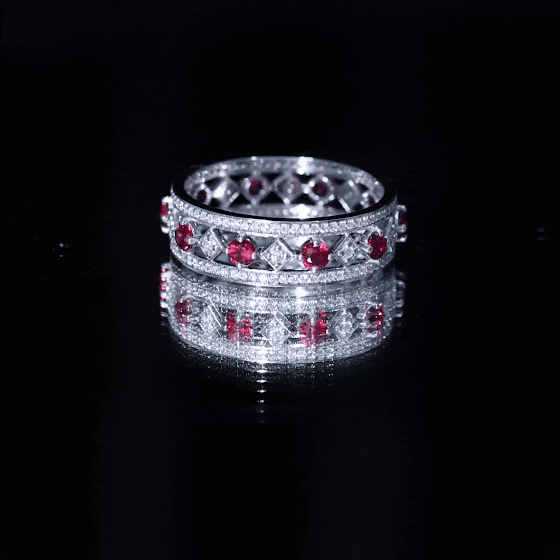 Lab Grown Ruby Vintage Wedding Band Ring With Moissanite