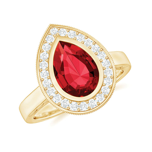 2.9 Carat Lab Created Ruby Teardrop Engagement Ring with Diamond Halo
