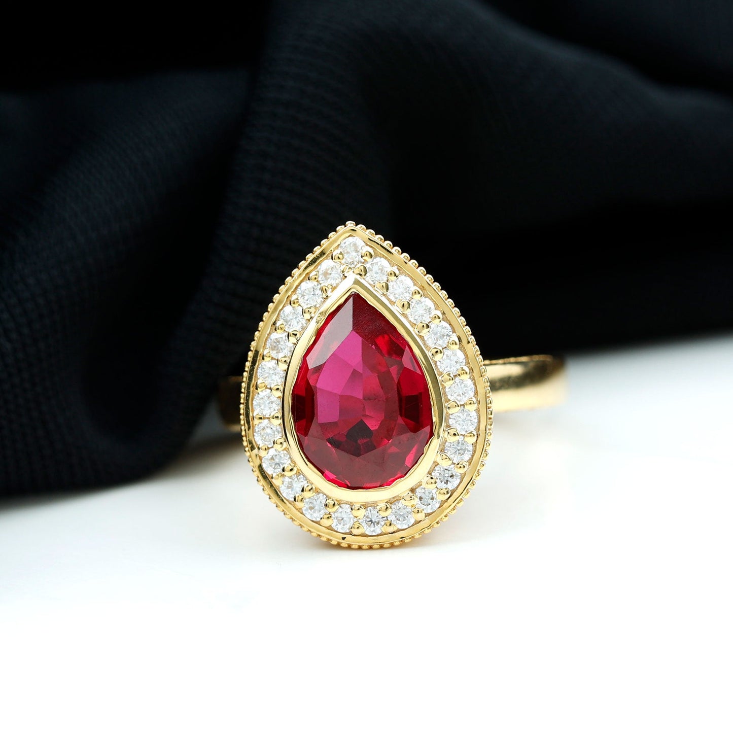 2.9 Carat Lab Created Ruby Teardrop Engagement Ring with Diamond Halo