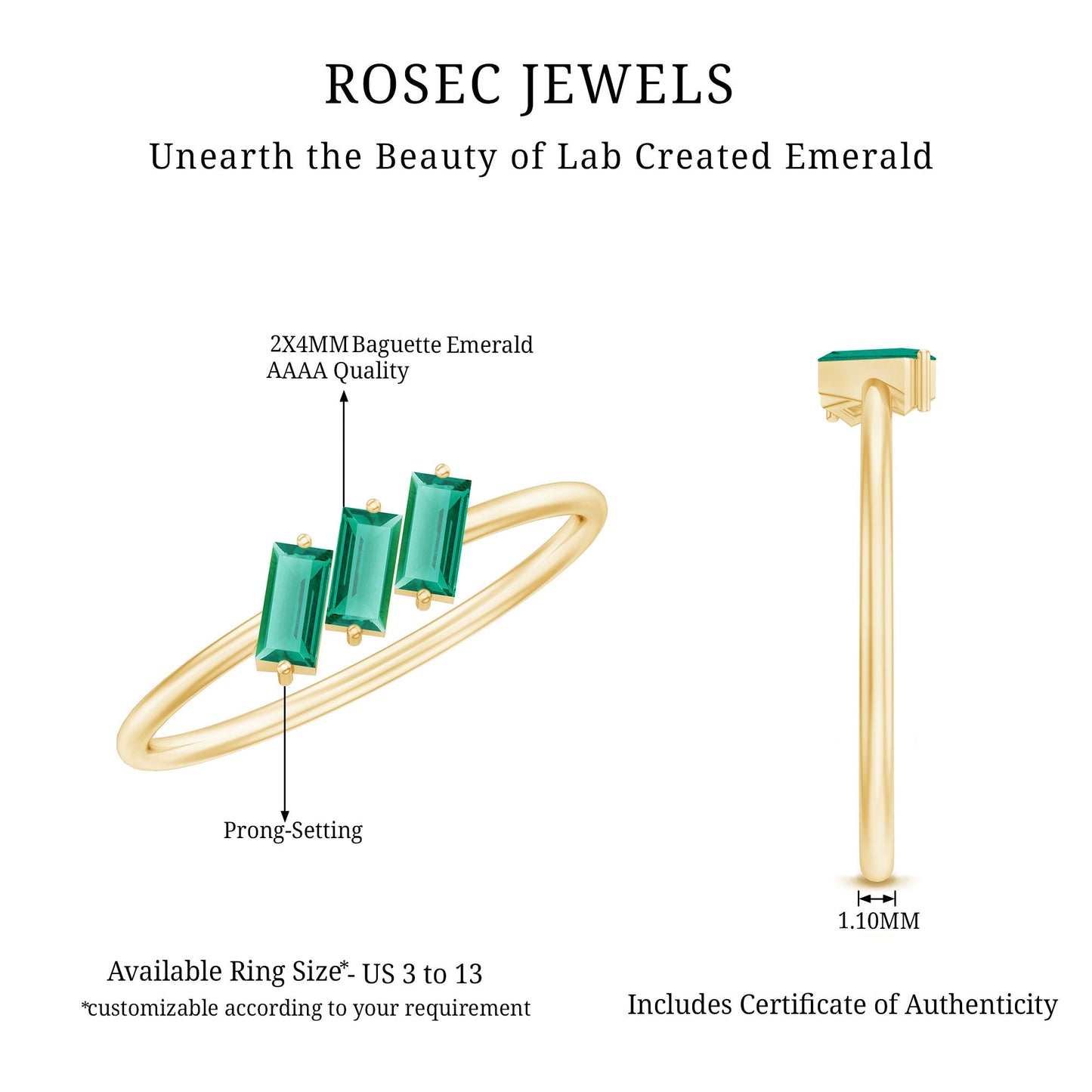 Certified Baguette Lab Grown Emerald 3 Stone Promise Ring