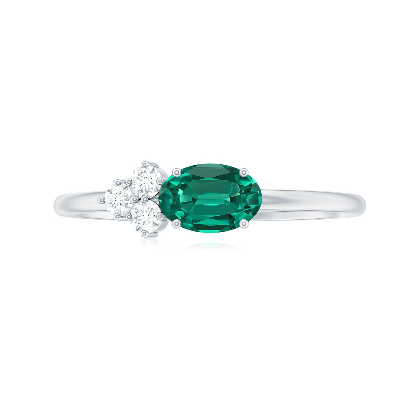 East West Style Oval Lab Grown Emerald Promise Ring with Diamond Trio