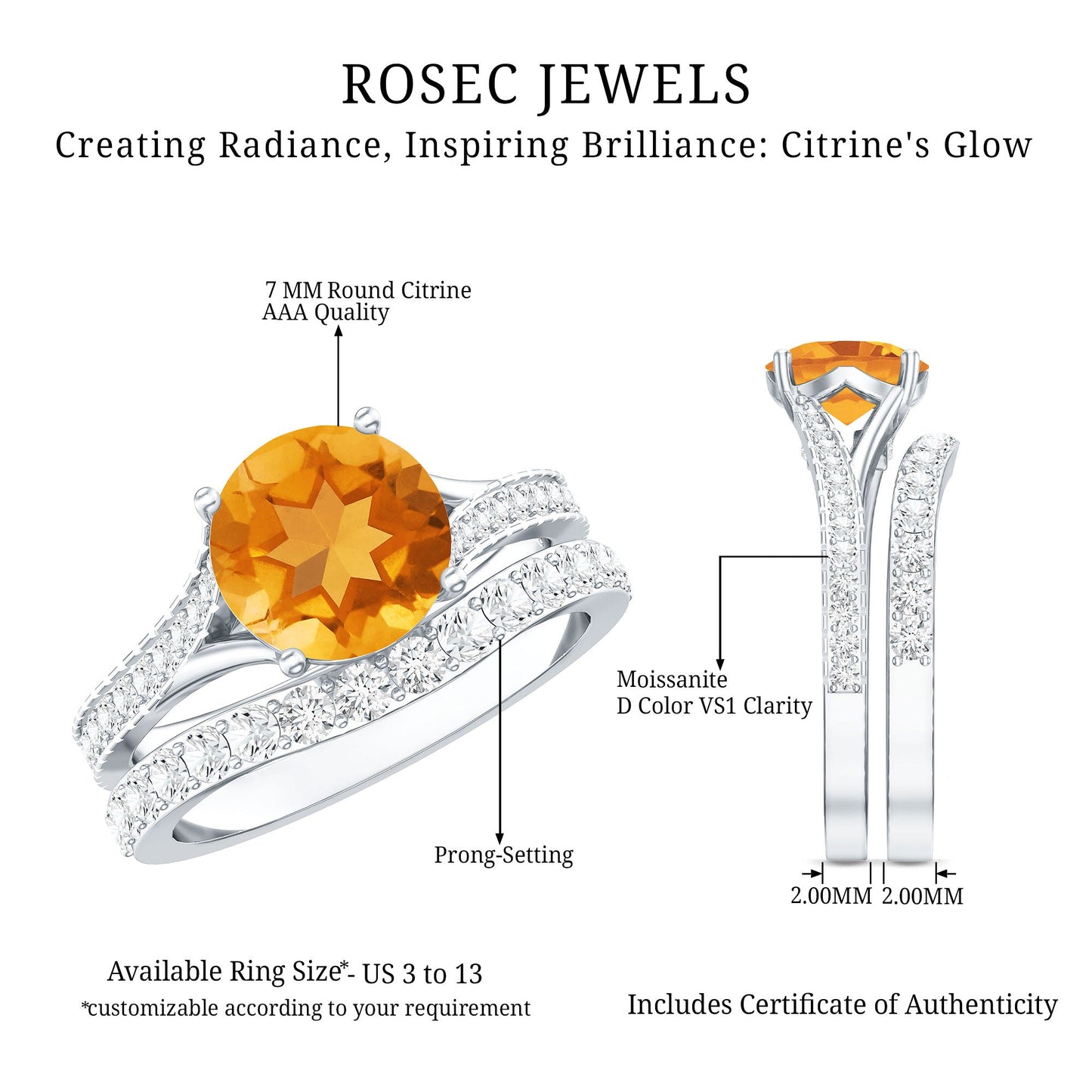 Certified Real Citrine Engagement Ring with Moissanite Wedding Band