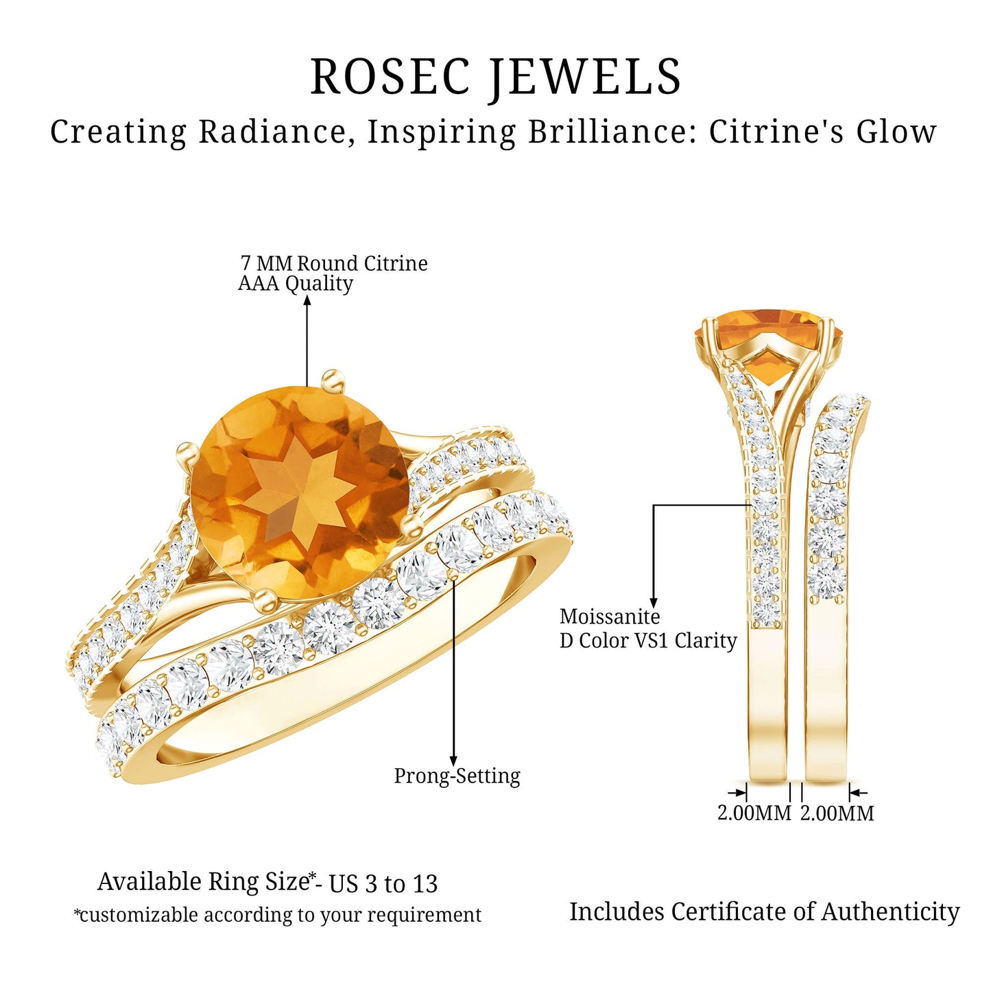Certified Real Citrine Engagement Ring with Moissanite Wedding Band