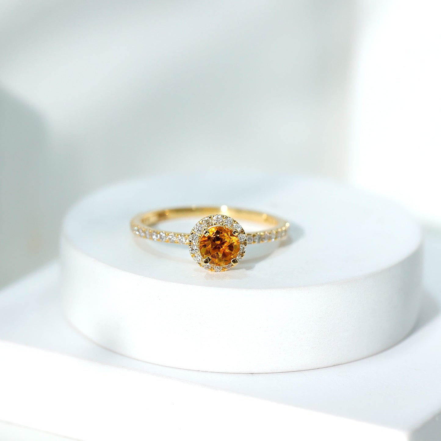 Round Cut Citrine and Diamond Classic Engagement Ring