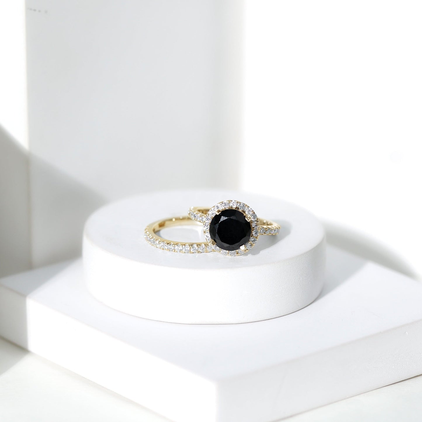 2 Carat Lab Grown Black Diamond Engagement Ring with Moissanite Wedding Band