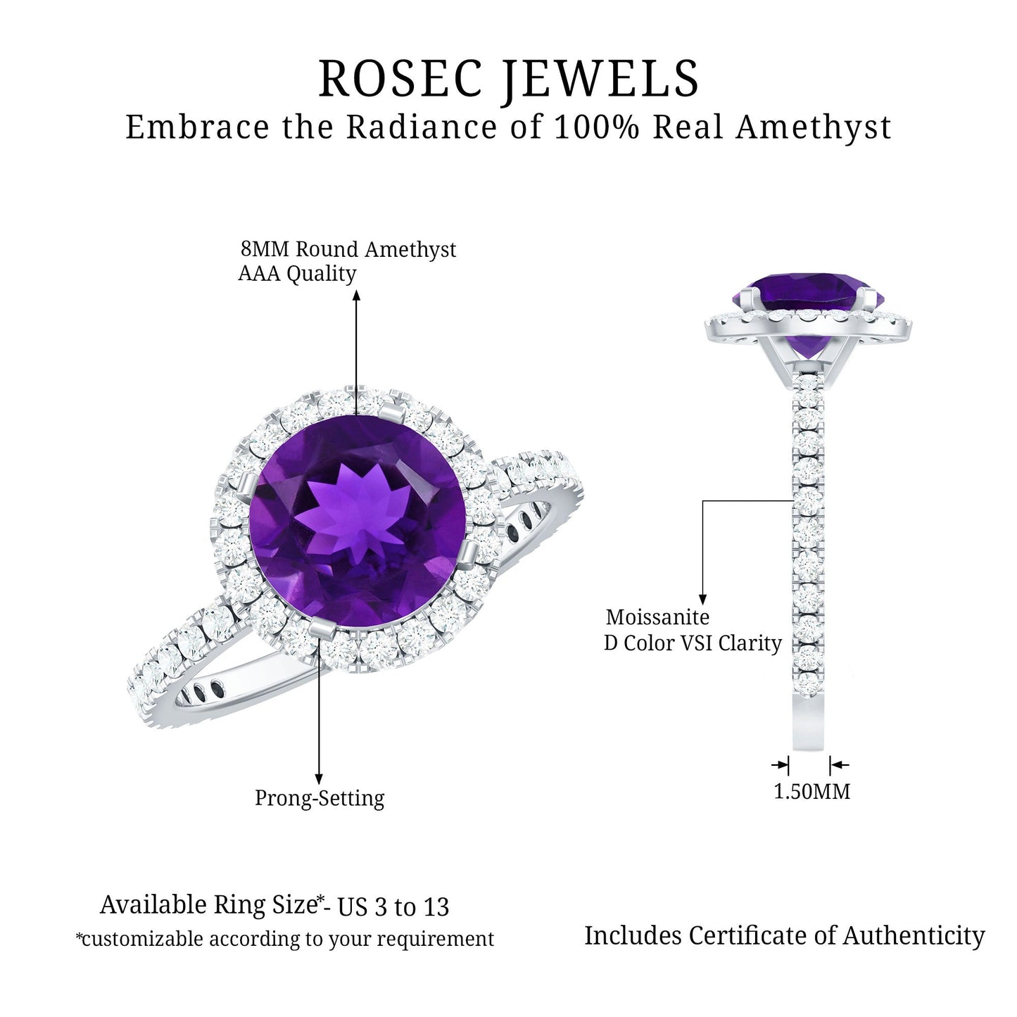 Certified Real 2 Carat Amethyst Engagement Ring with Moissanite Halo
