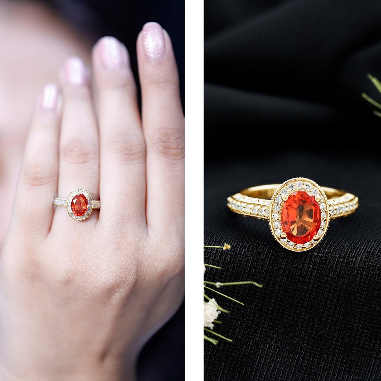 1.5 Carat Lab Grown Orange Sapphire Engagement Ring with Diamond Halo