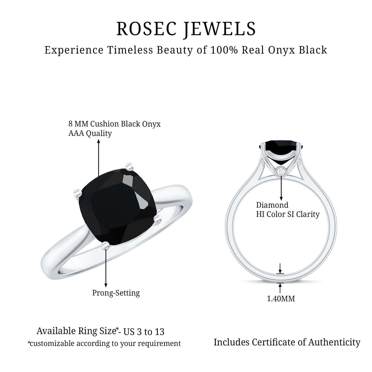2 Carat Cushion Cut Black Onyx Solitaire Engagement Ring
