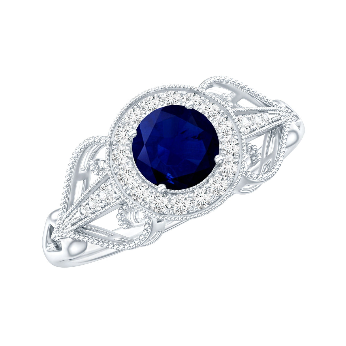 Vintage Looking Blue Sapphire with Diamond Halo Engagement Ring