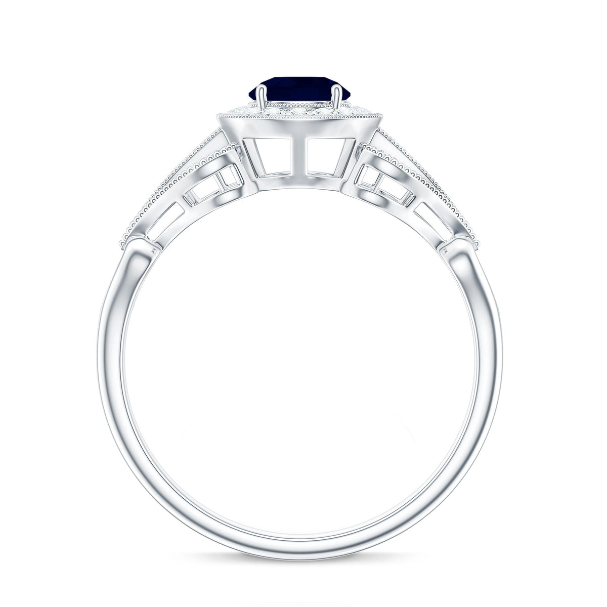 Vintage Looking Blue Sapphire with Diamond Halo Engagement Ring