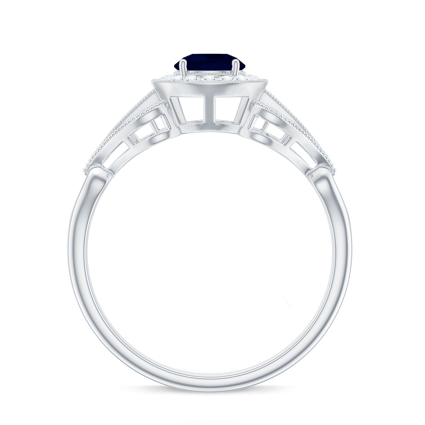 Vintage Looking Blue Sapphire with Diamond Halo Engagement Ring