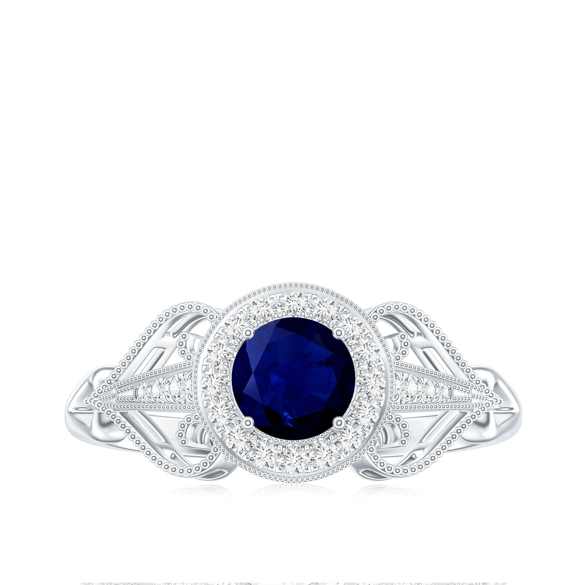 Vintage Looking Blue Sapphire with Diamond Halo Engagement Ring