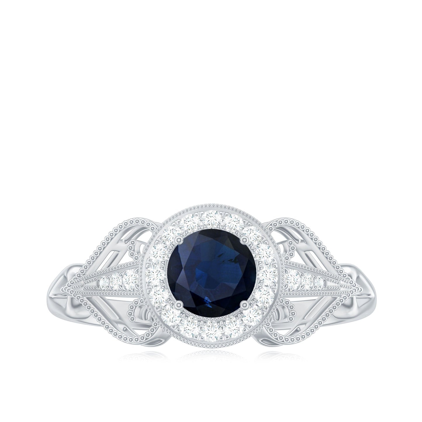 Vintage Looking Blue Sapphire with Diamond Halo Engagement Ring