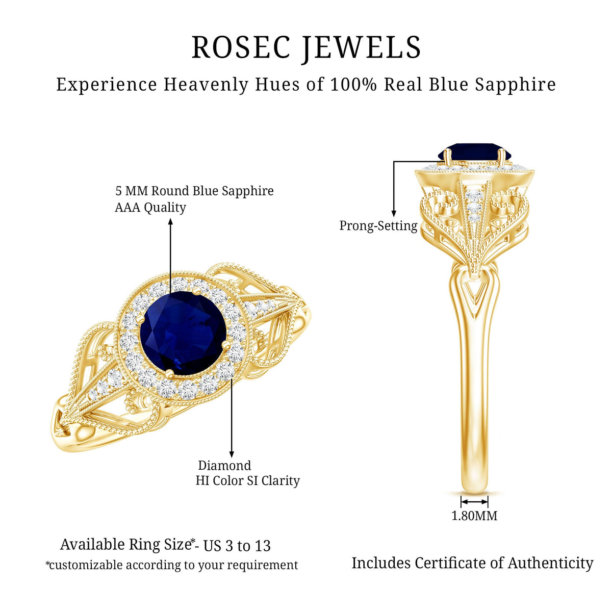 Vintage Looking Blue Sapphire with Diamond Halo Engagement Ring