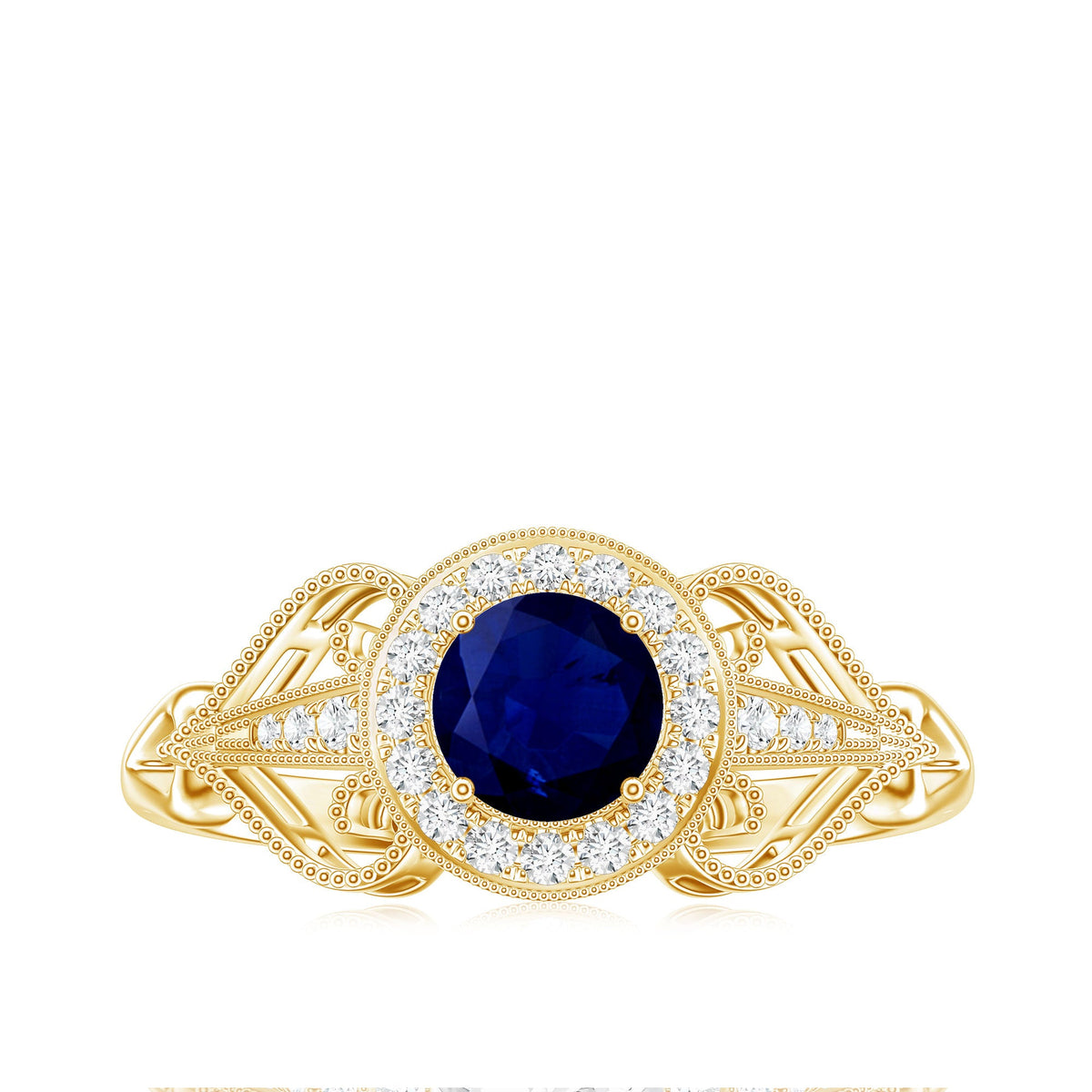 Vintage Looking Blue Sapphire with Diamond Halo Engagement Ring