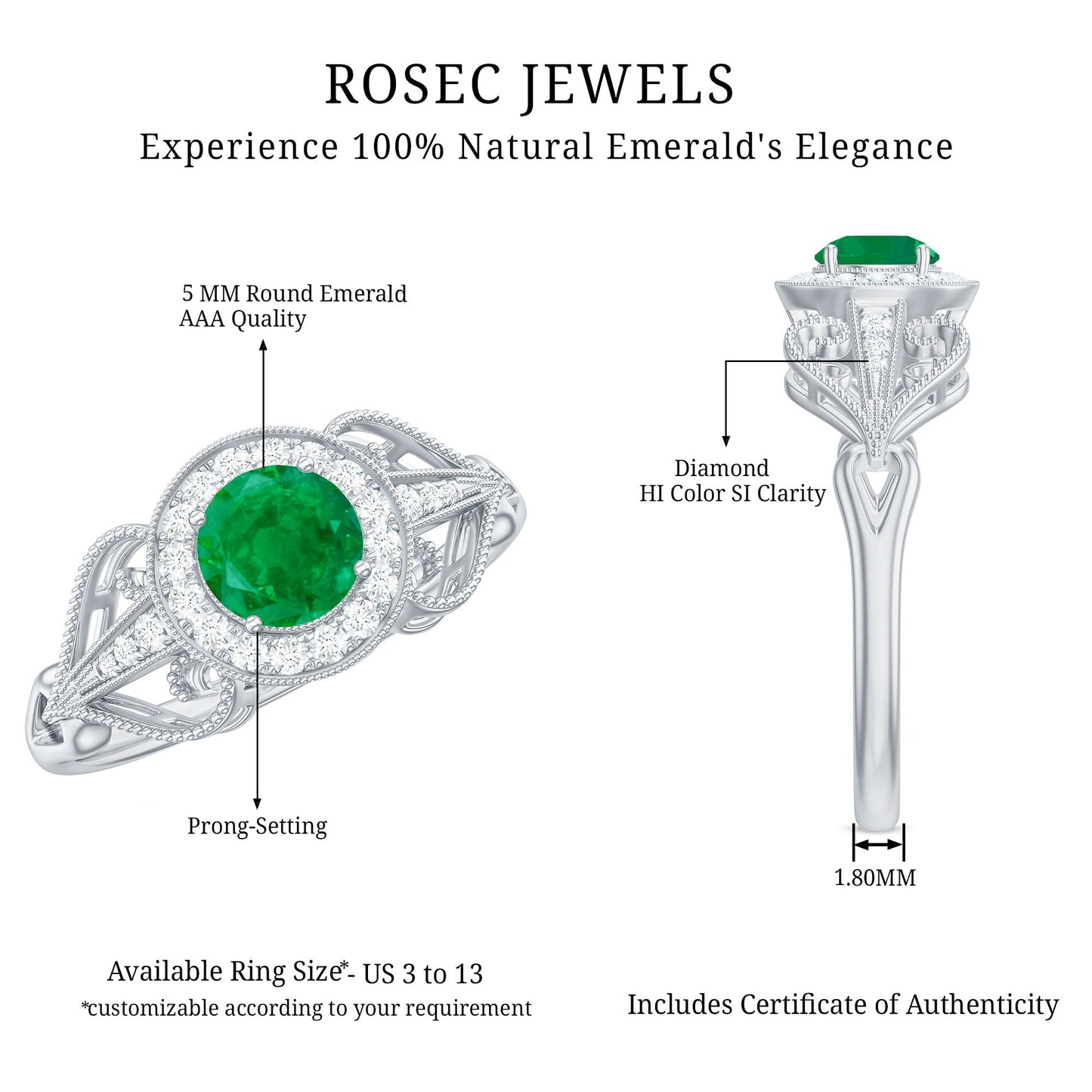 AAA Quality Emerald and Diamond Vintage Inspired Engagement Ring