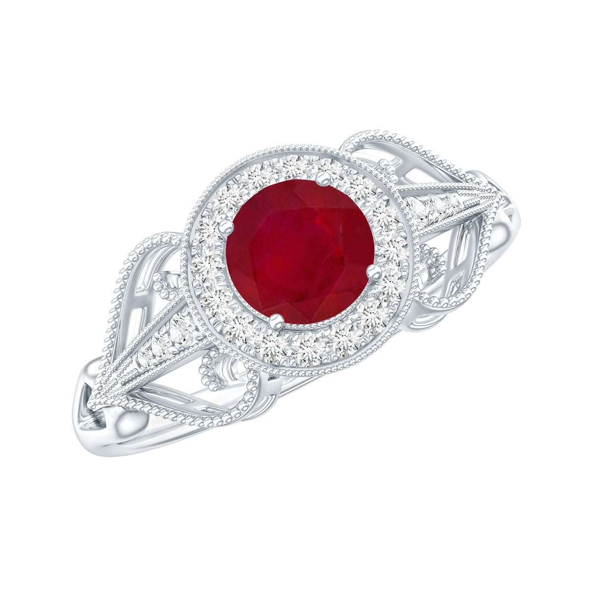 Natural 0.6 Carat Ruby Retro Engagement Ring with Diamond Halo