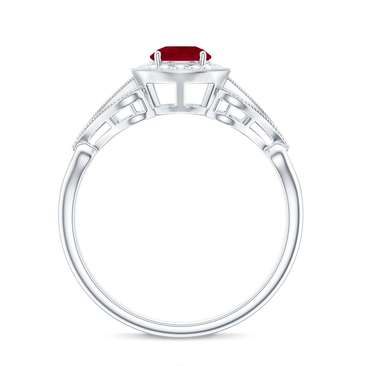 Natural 0.6 Carat Ruby Retro Engagement Ring with Diamond Halo