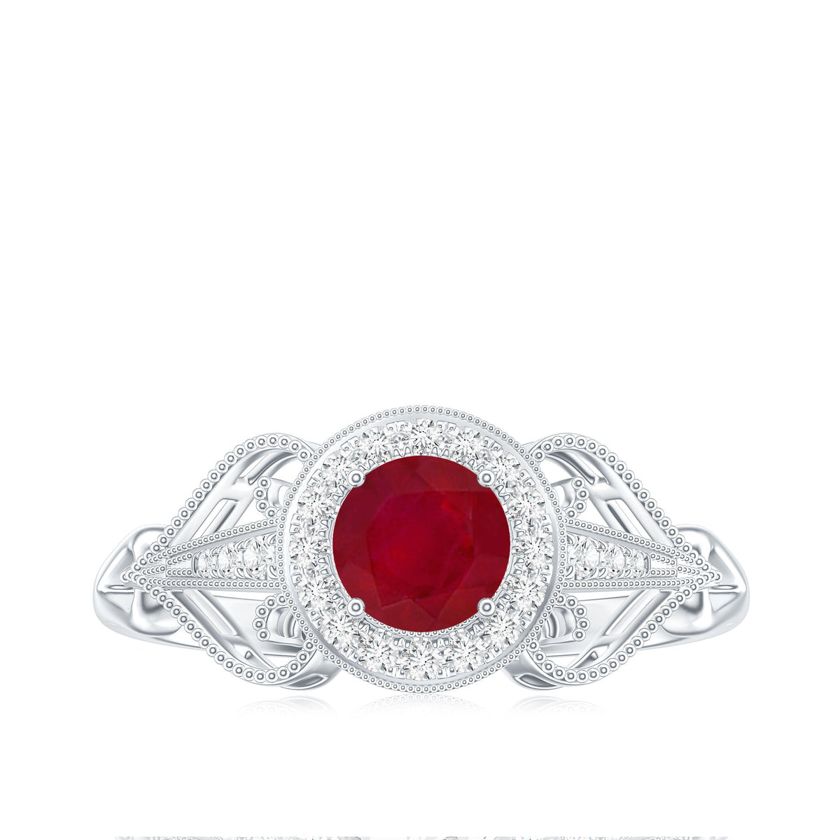 Natural 0.6 Carat Ruby Retro Engagement Ring with Diamond Halo