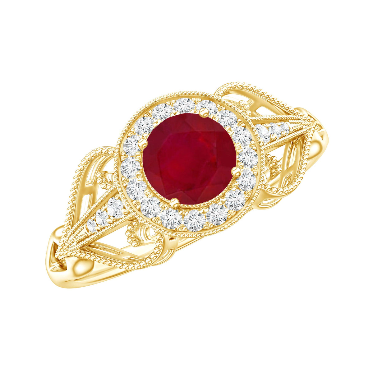 Natural 0.6 Carat Ruby Retro Engagement Ring with Diamond Halo