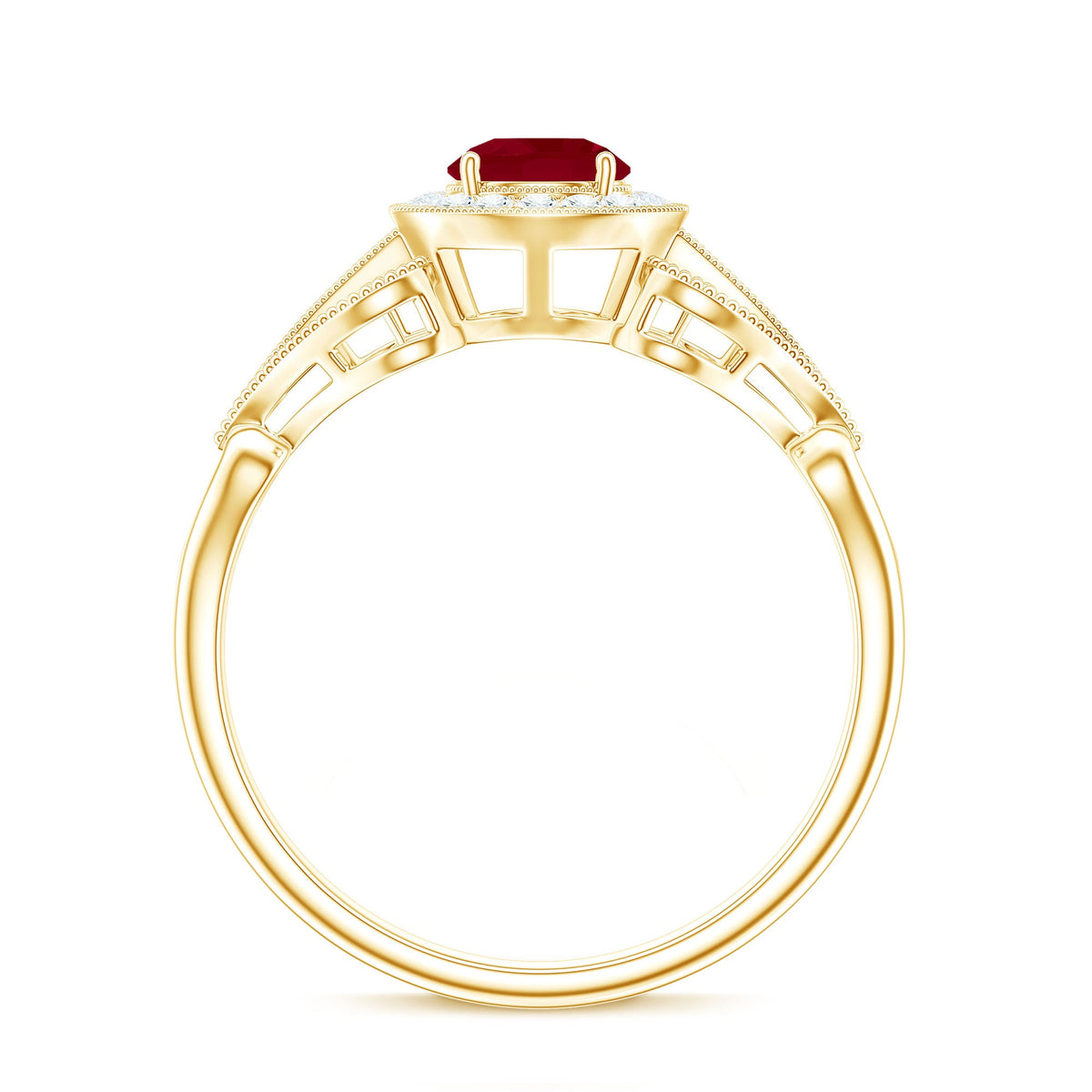 Natural 0.6 Carat Ruby Retro Engagement Ring with Diamond Halo