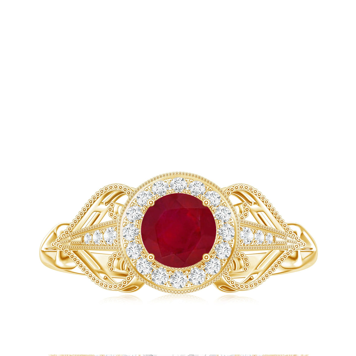 Natural 0.6 Carat Ruby Retro Engagement Ring with Diamond Halo