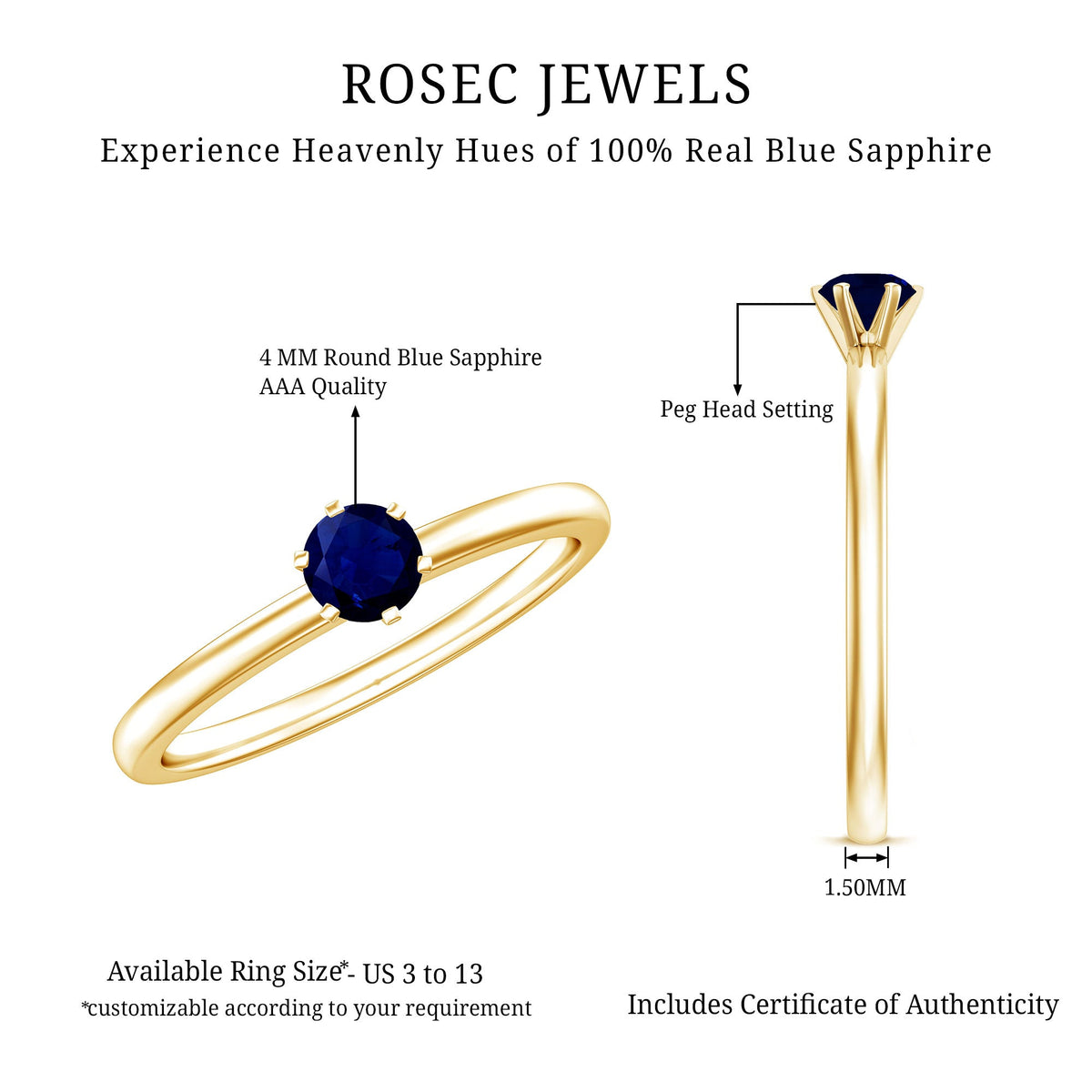Genuine Blue Sapphire September Birthstone Ring for Women